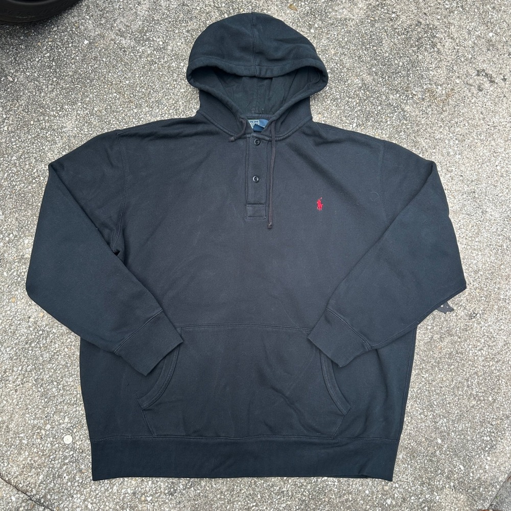 Polo Ralph Lauren Mens 3XLT Black Henley Hoodie Red Pony Logo Fleece Pullover